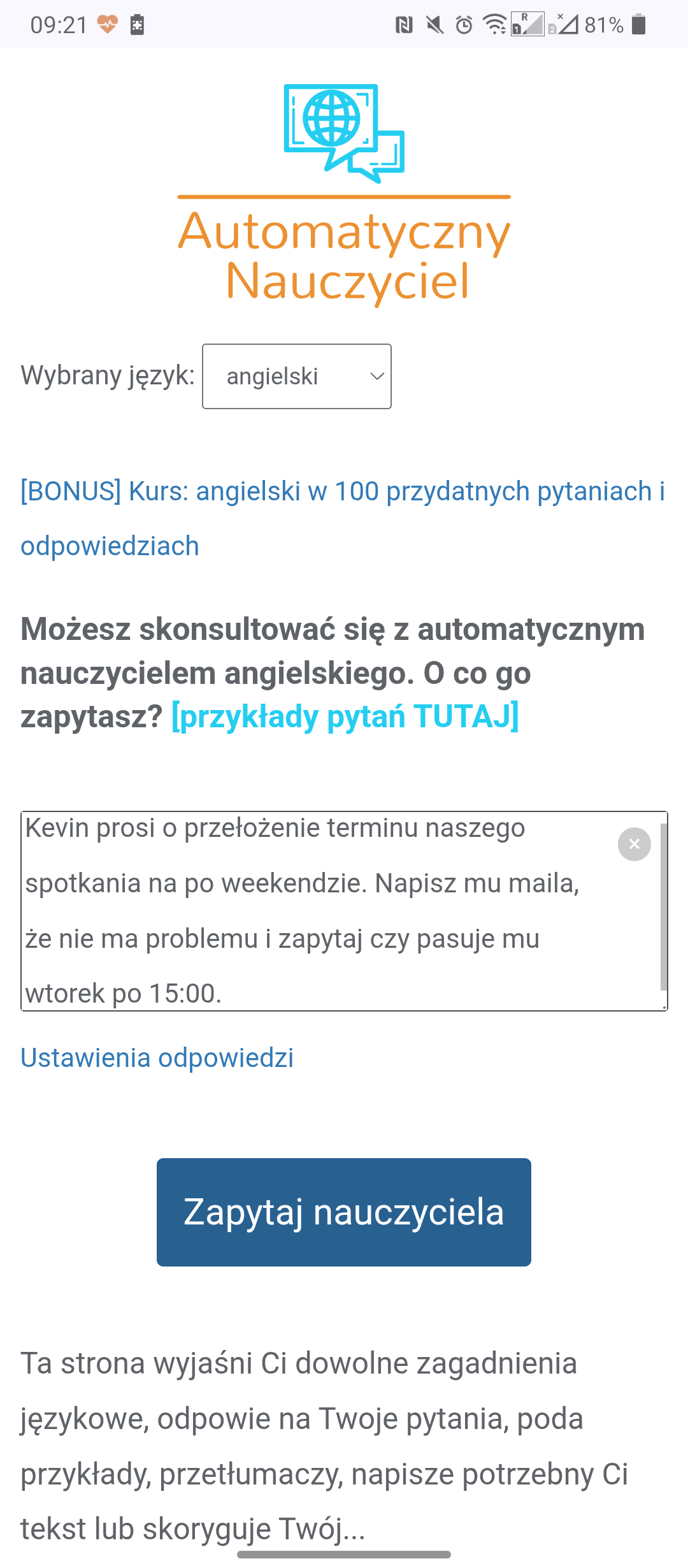 Automatyczny Nauczyciel – wpisujesz pytanie po polsku