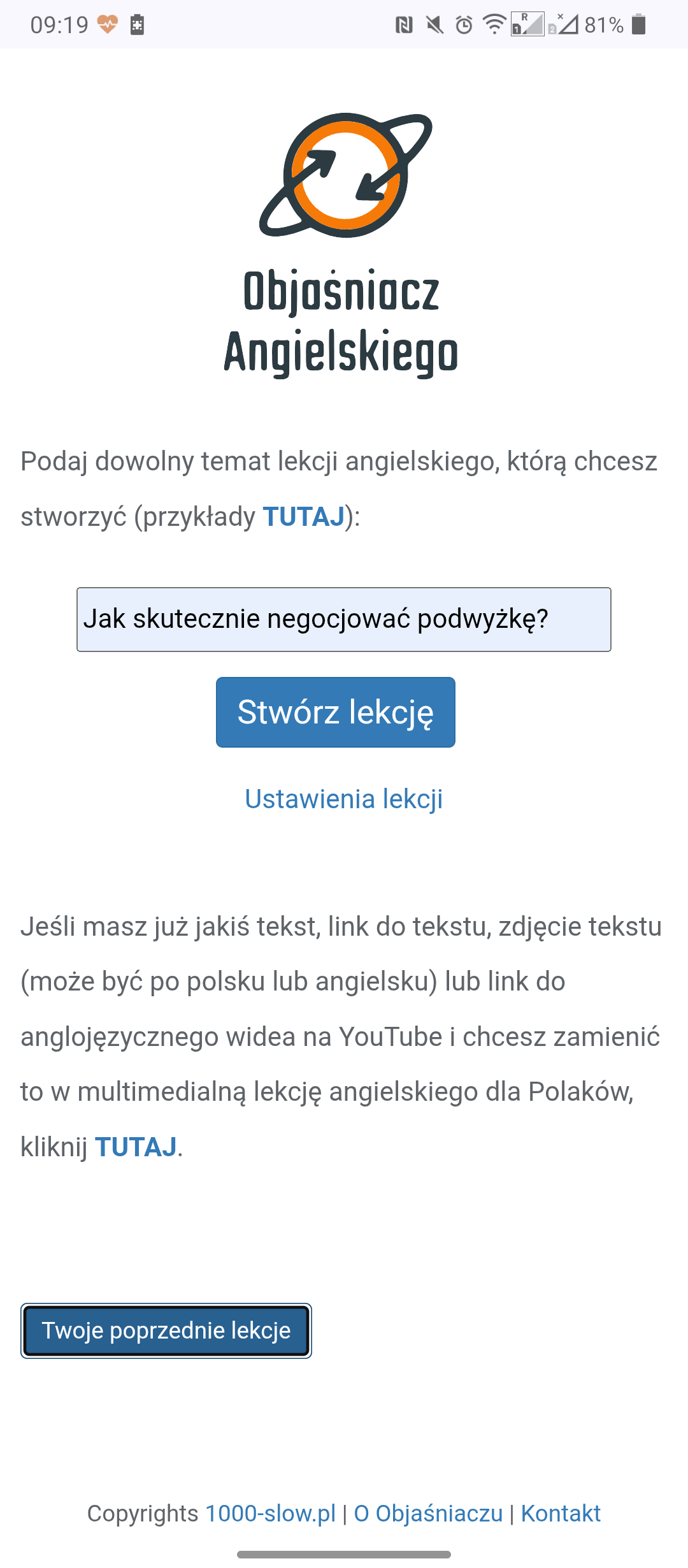 Objaśniacz Angielskiego – wpisywanie tematu lekcji